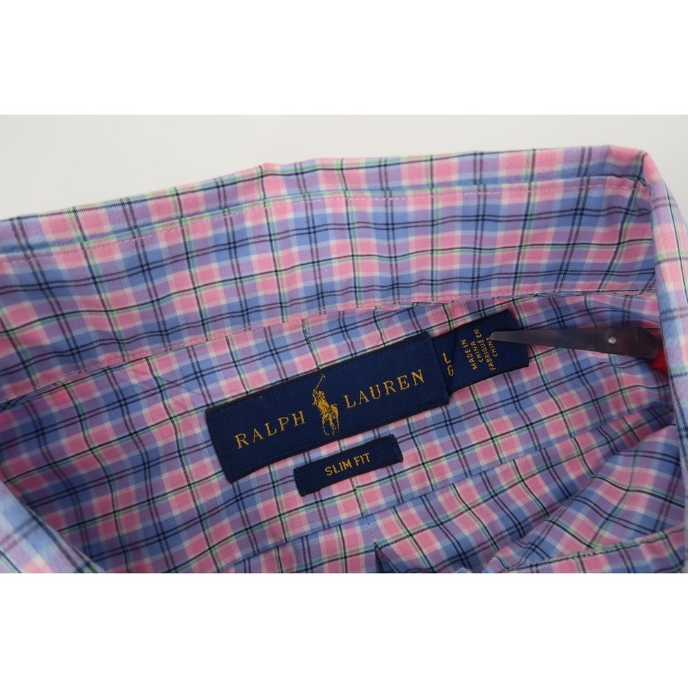 Ralph Lauren Button Down Shirt Mens Large Slim Fit Pink Blue Plaid Long Sleeve - Picture 3 of 12